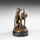 Rear view of bronze hunting dog pair sculpture showing body contours tails and layered composition