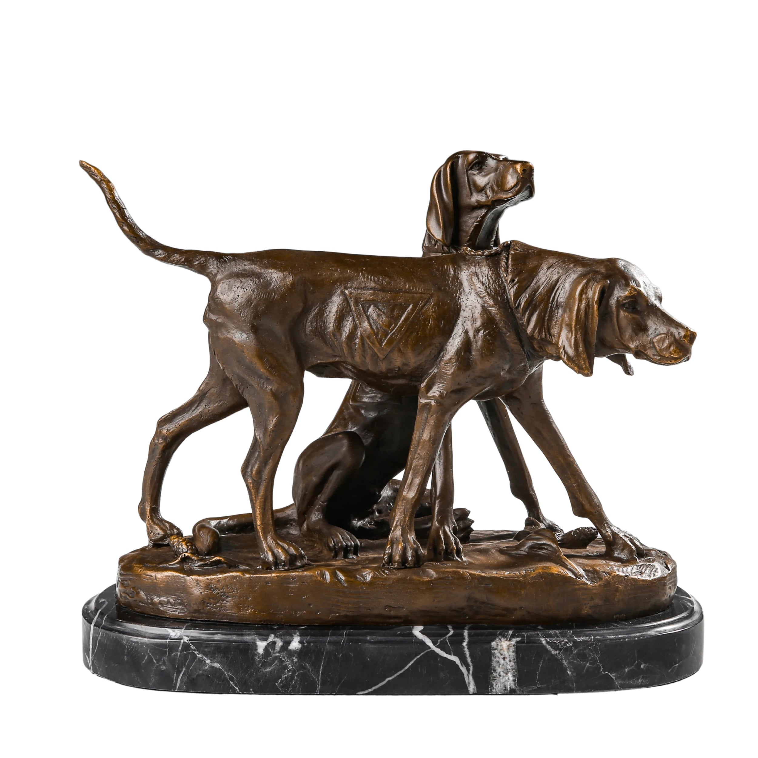 Handcrafted bronze hunting dog pair sculpture with one standing dog and one seated sporting dog