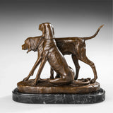 Left side view of bronze hunting dog group sculpture with detailed ears collars and body forms