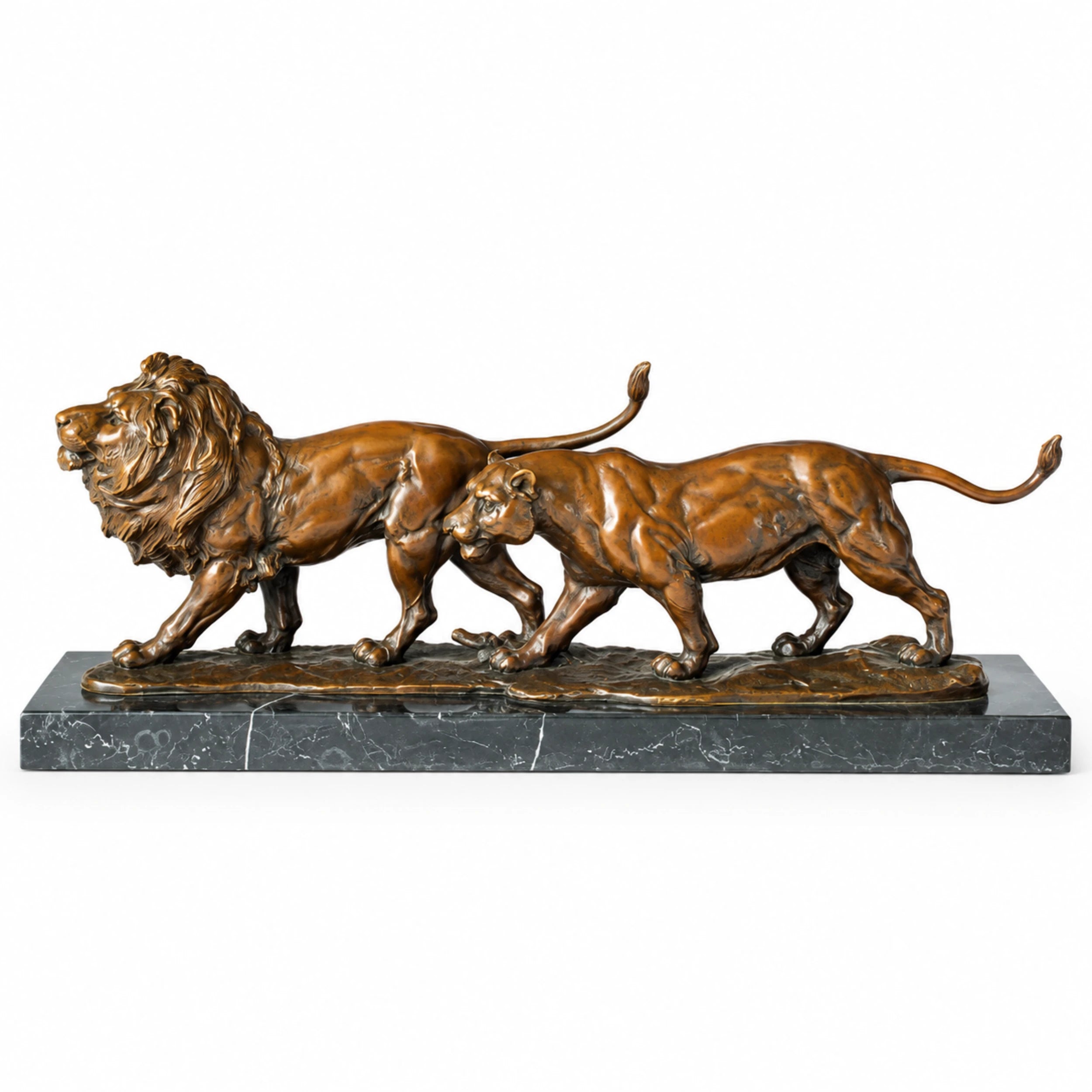 Handcrafted bronze lion couple statue featuring a male lion and lioness walking side by side
