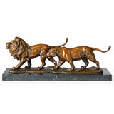 Handcrafted bronze lion couple statue featuring a male lion and lioness walking side by side
