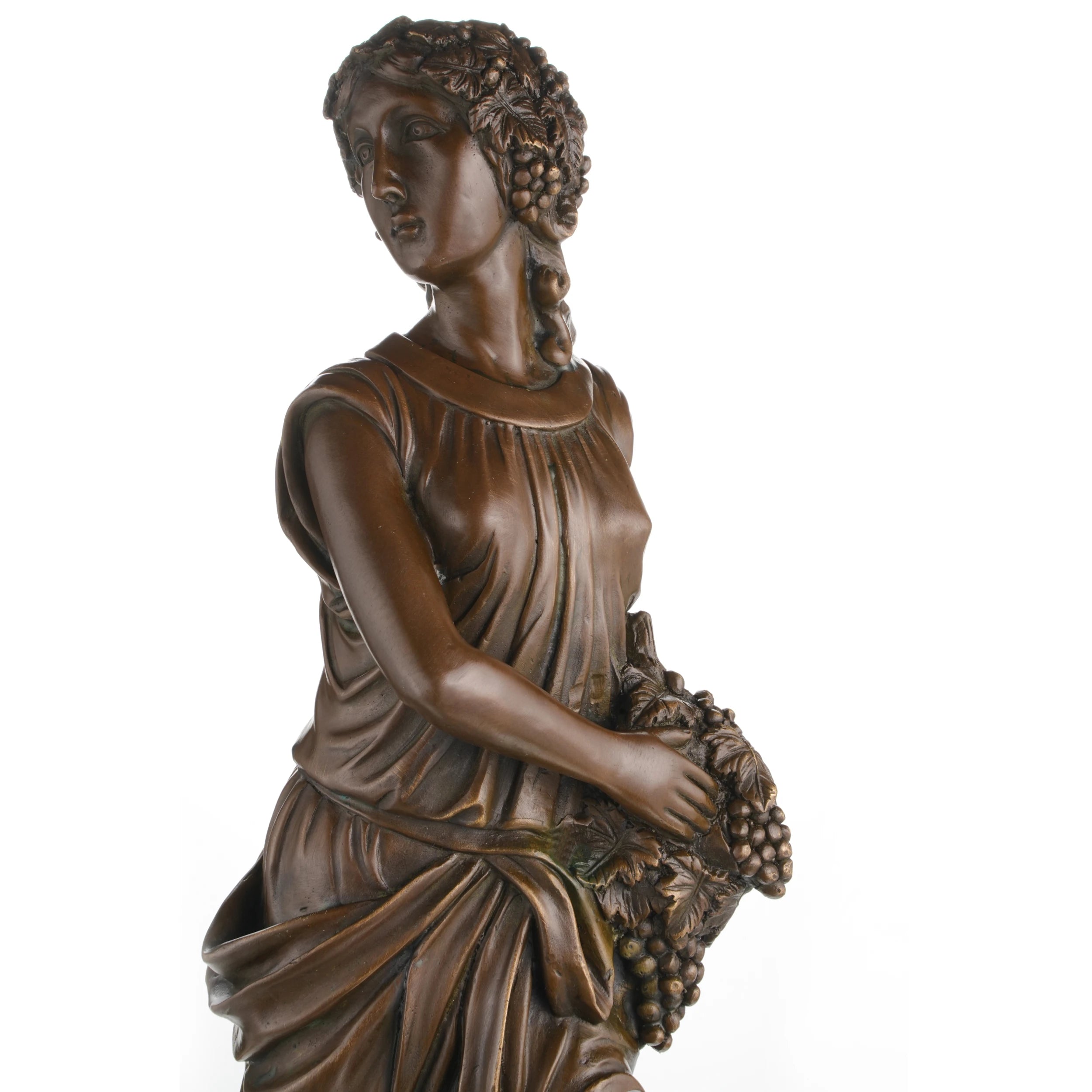 Detailed face and floral wreath of handcrafted bronze Bacchante maiden statue