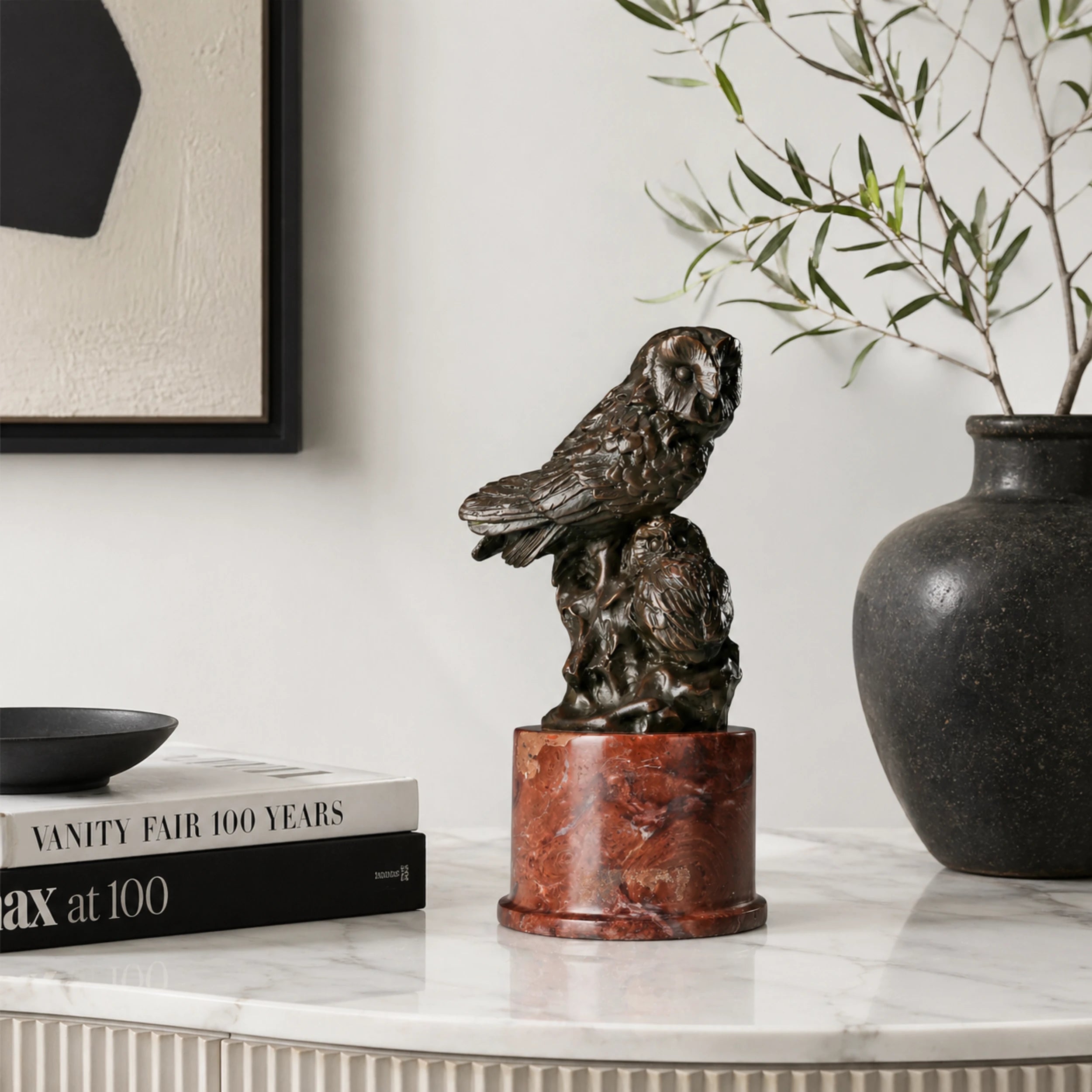 Bronze mother and baby owl sculpture displayed as symbolic wisdom and family decor 