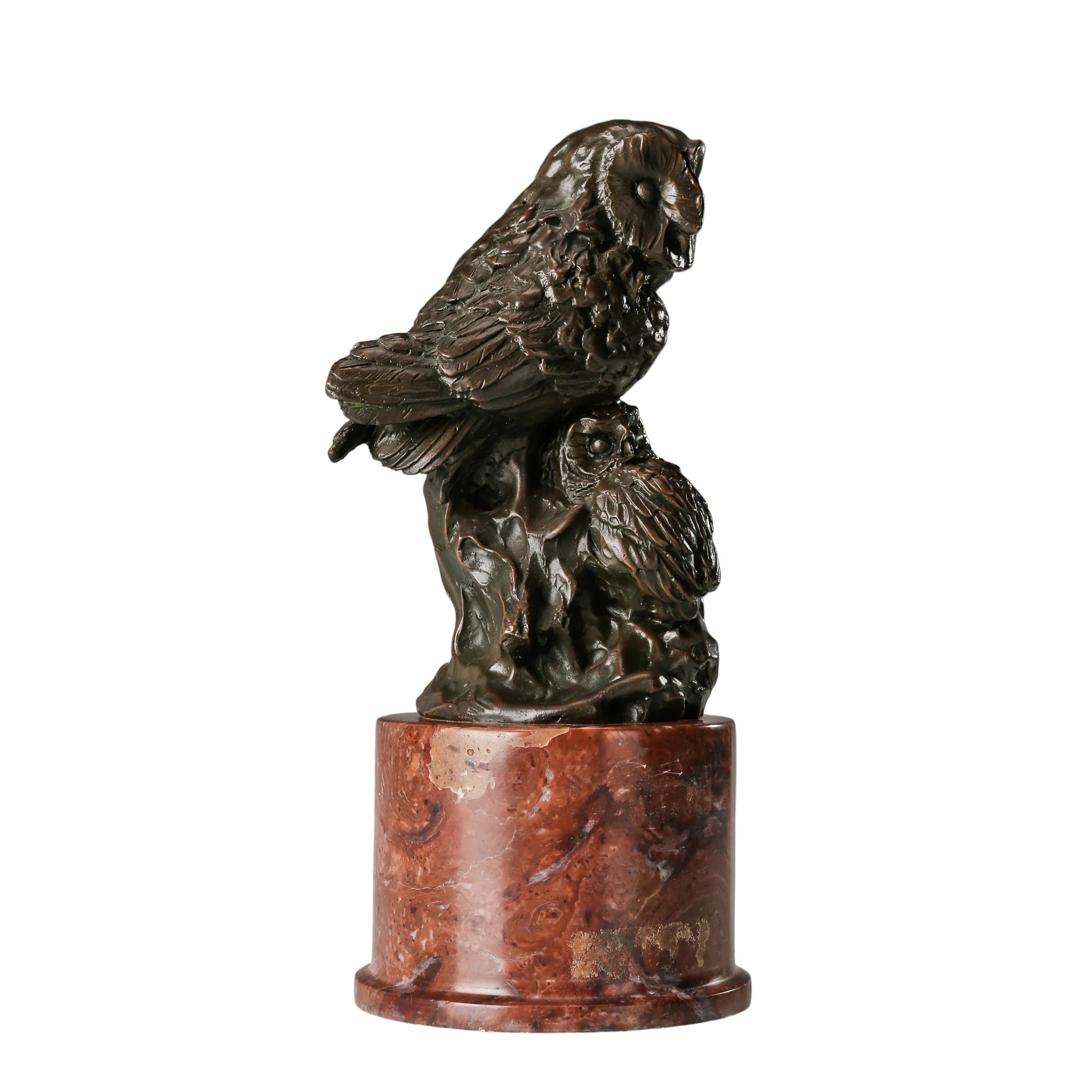 Right side view of mother and baby owl bronze sculpture with detailed feather texture