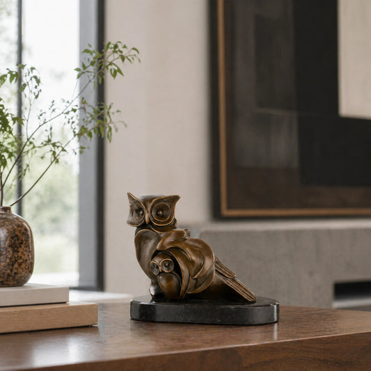 Bronze mother and baby owl sculpture displayed as elegant library and home decor