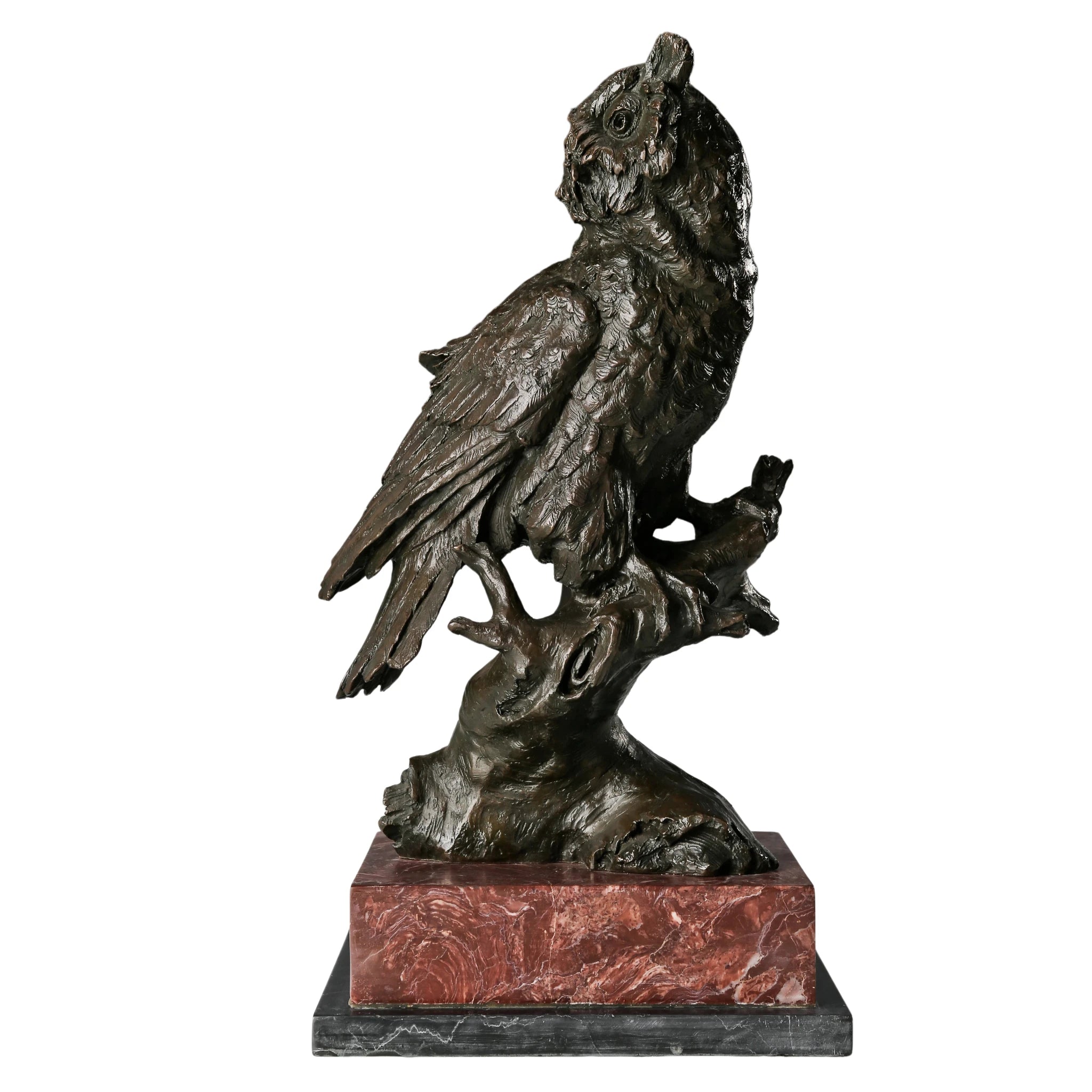 Handcrafted bronze owl on branch sculpture with detailed feathers and alert horned profile