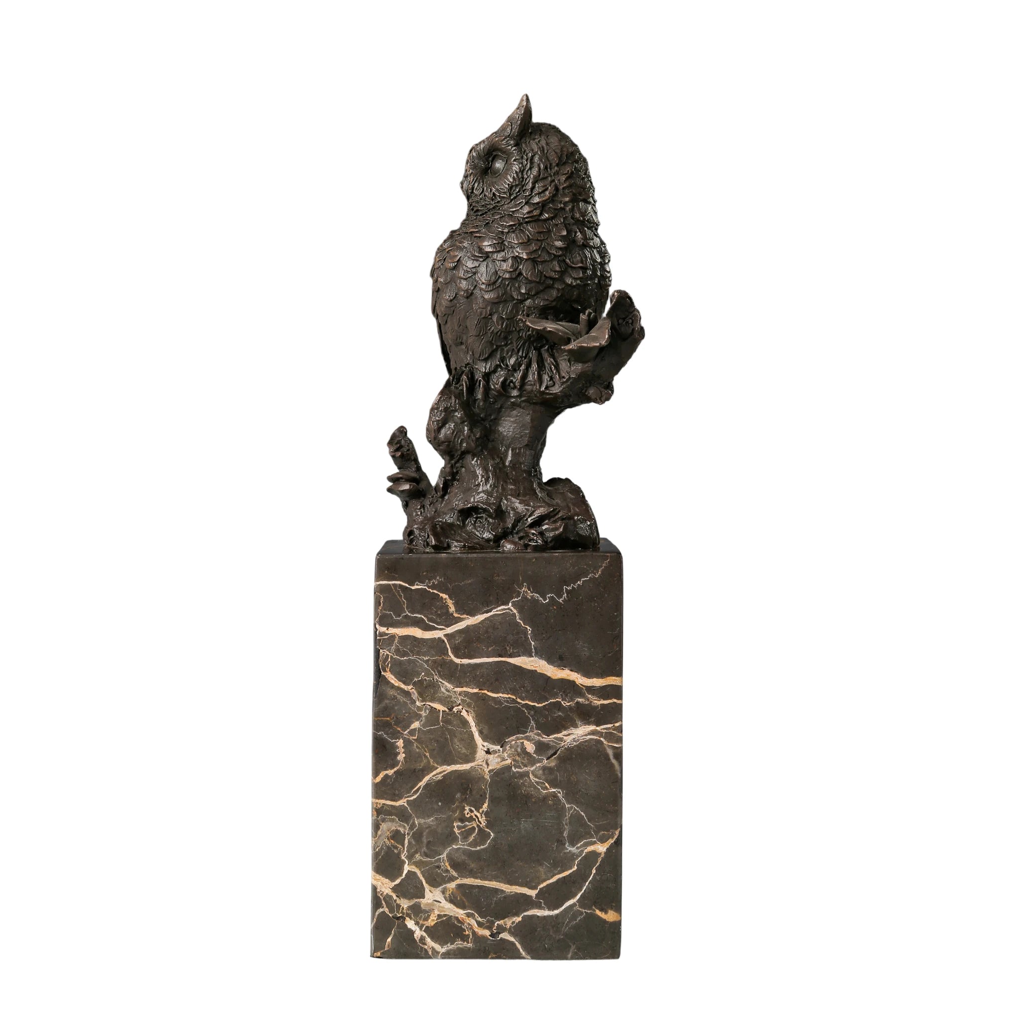 Angled view of bronze perched owl statue showing layered plumage and expressive eyes