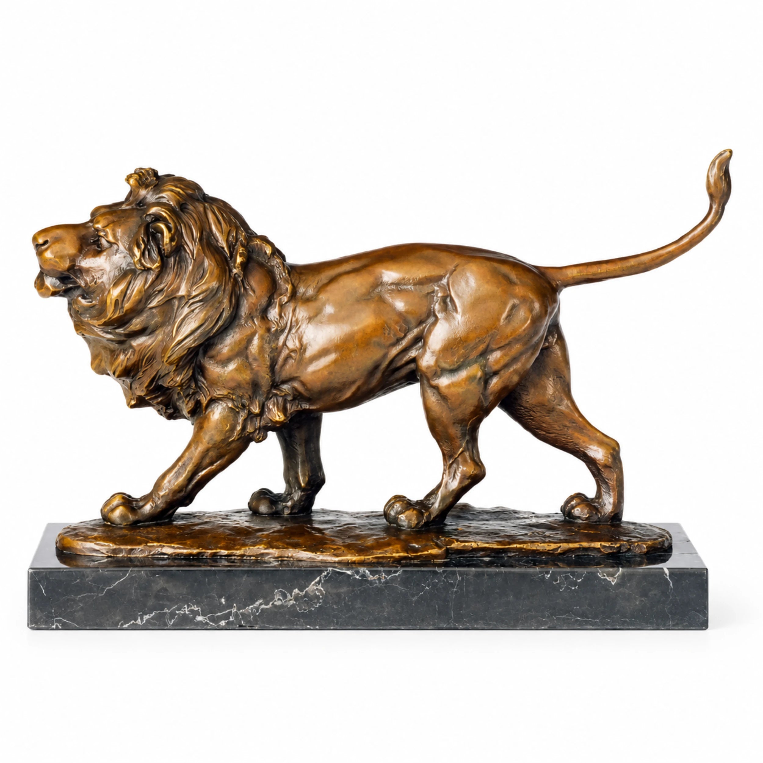 Handcrafted bronze prowling lion sculpture with raised tail, flowing mane, and powerful forward-moving pose