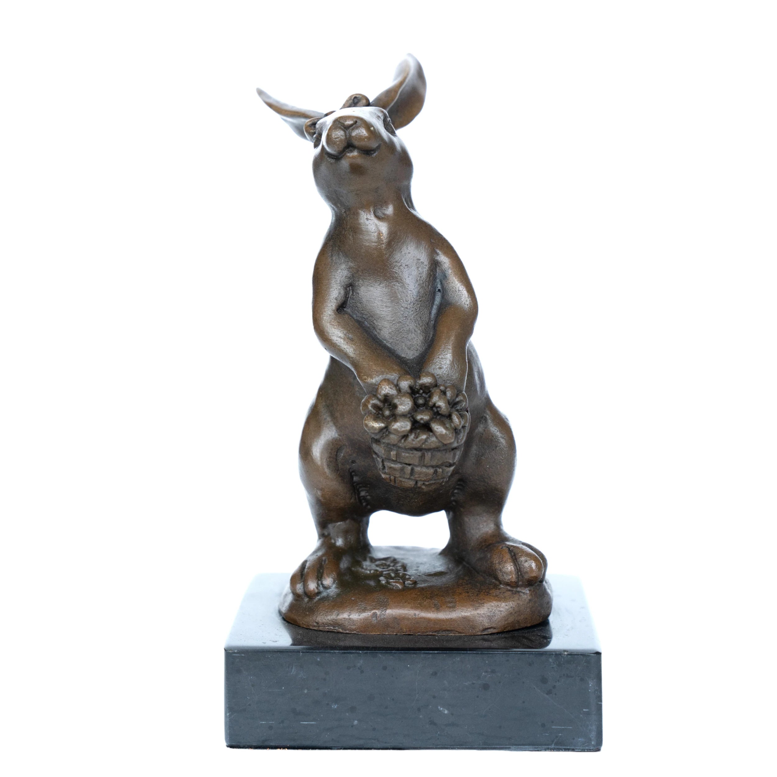 Handcrafted bronze rabbit sculpture holding a flower basket in a charming upright pose