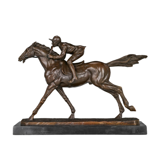 Handcrafted bronze racehorse and jockey sculpture in a dynamic full-stride racing pose