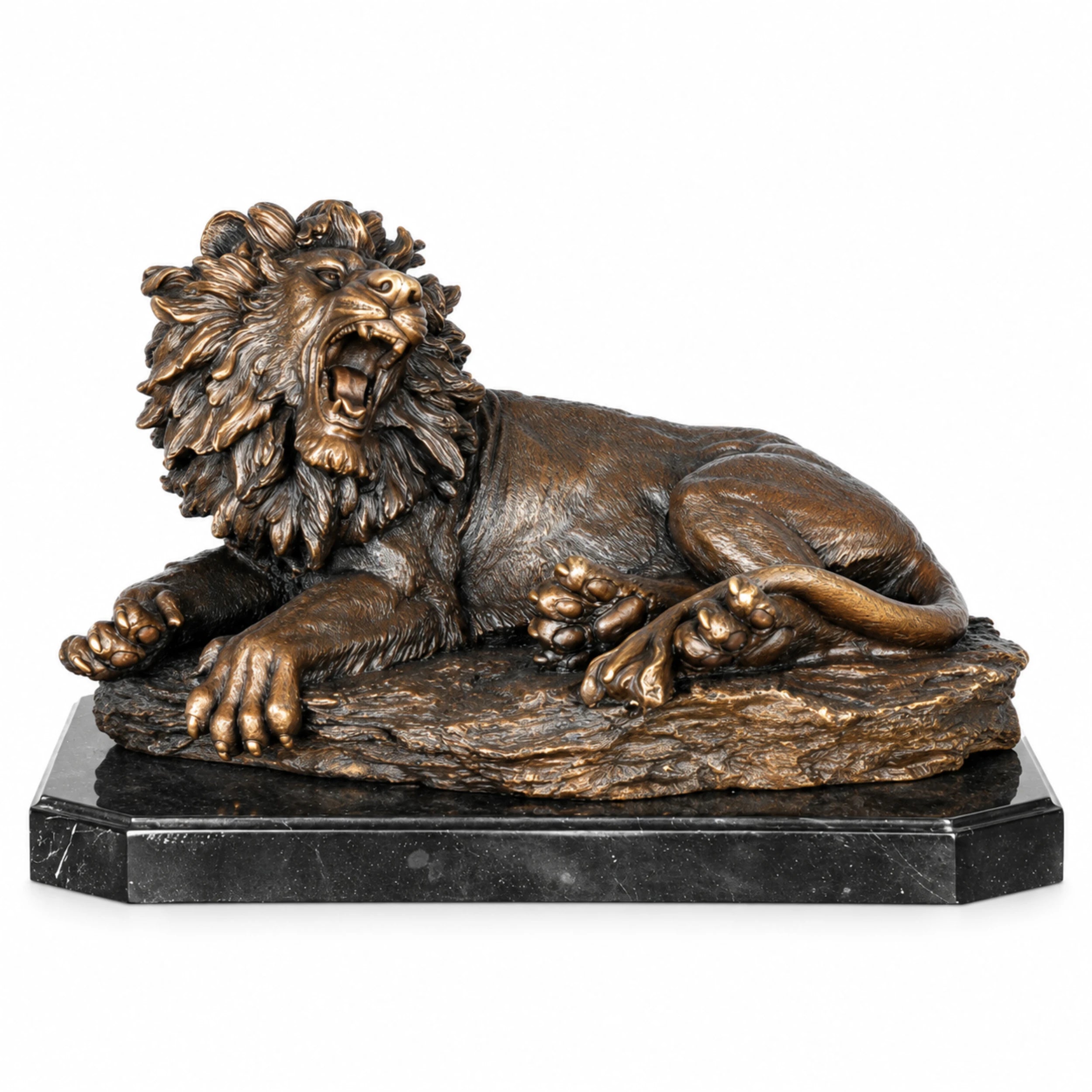 Handcrafted bronze roaring lion sculpture in a reclining pose with open mouth and detailed flowing mane