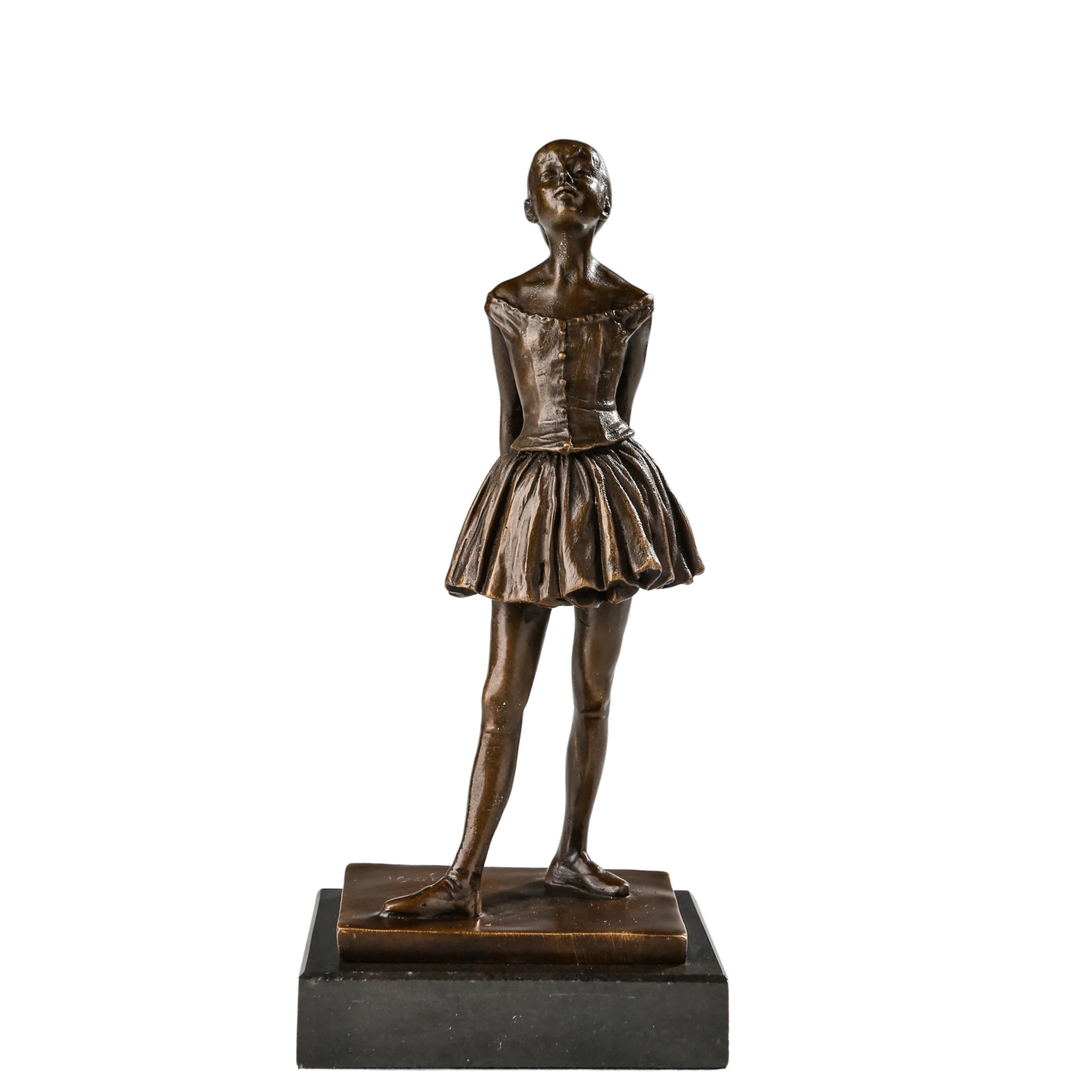 Handcrafted bronze schoolgirl sculpture standing with hands behind her back and head raised