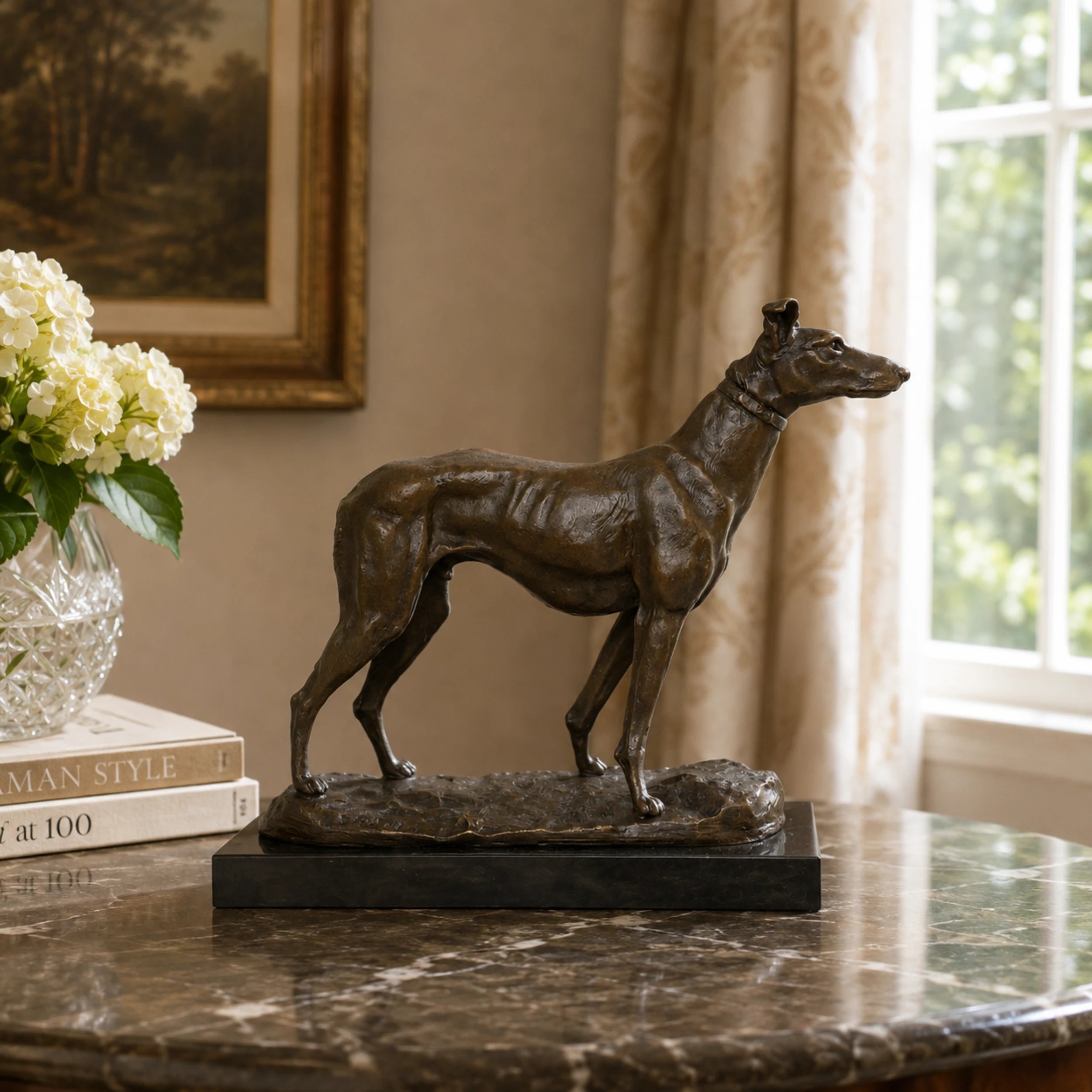 Bronze sighthound dog sculpture displayed as elegant hunting lodge study and country home decor