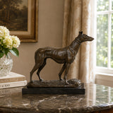 Bronze sighthound dog sculpture displayed as elegant hunting lodge study and country home decor