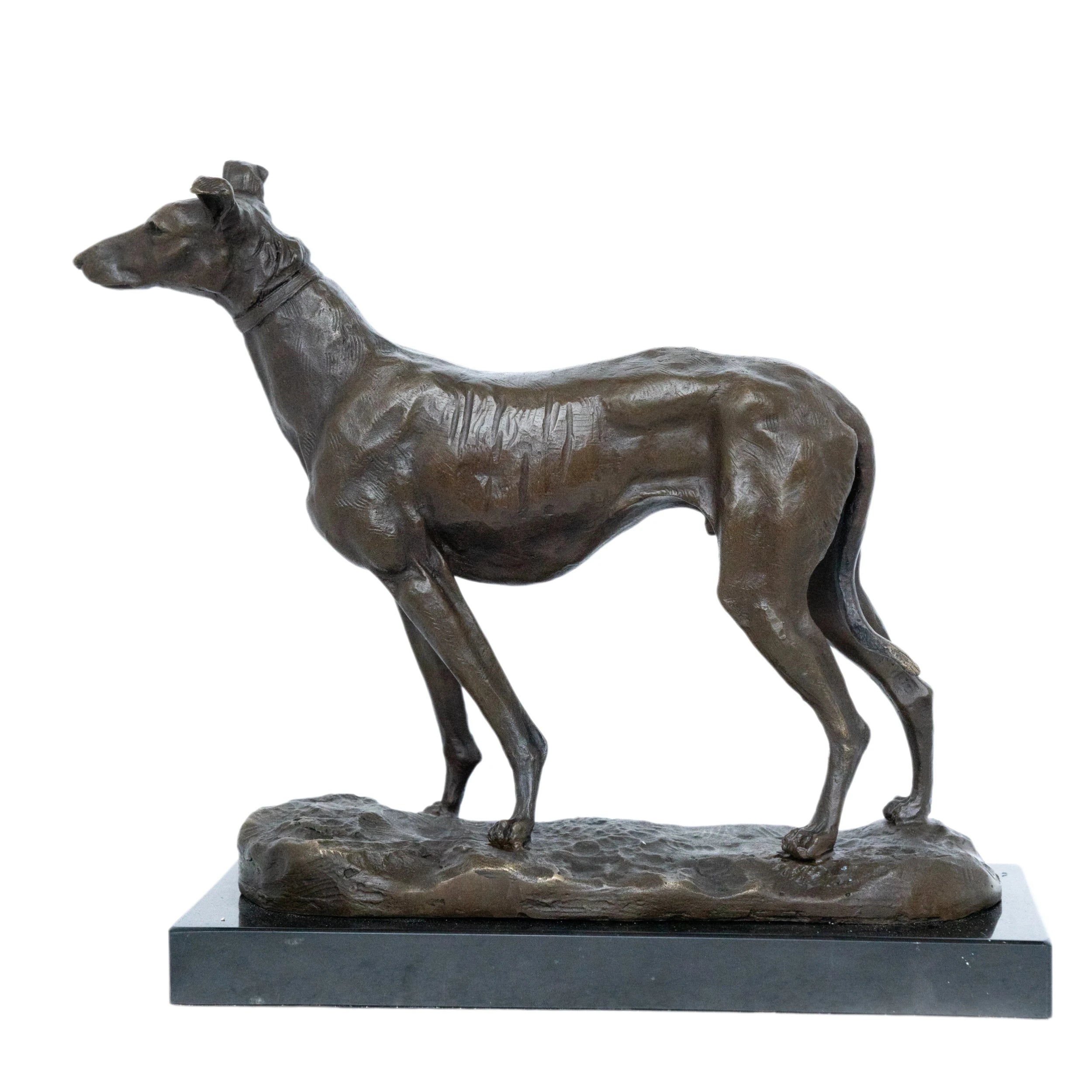 Left side view of bronze sighthound sculpture with slender legs deep chest and tucked abdomen