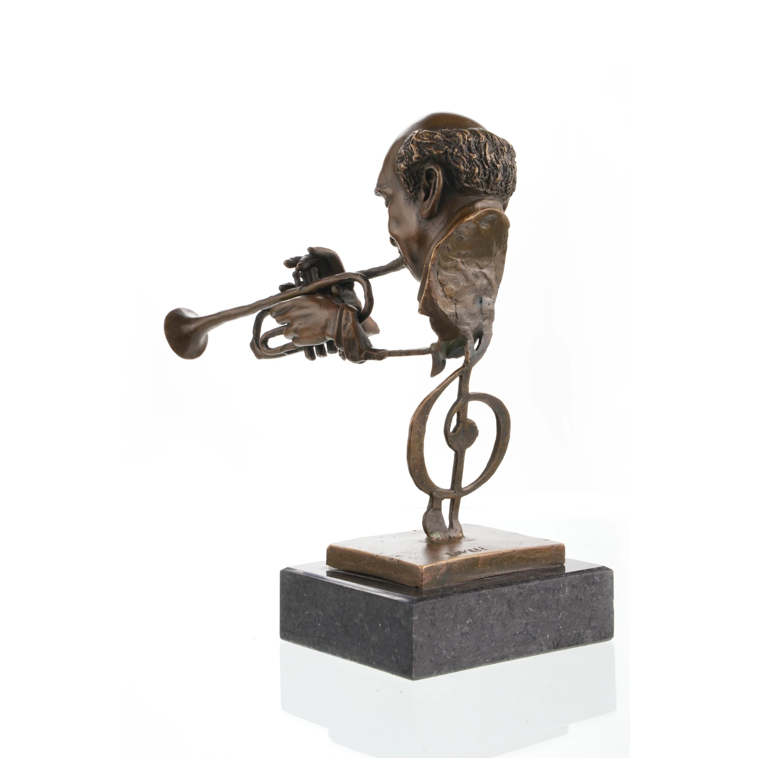 Rear view of a handcrafted bronze trumpet player sculpture highlighting the openwork composition.