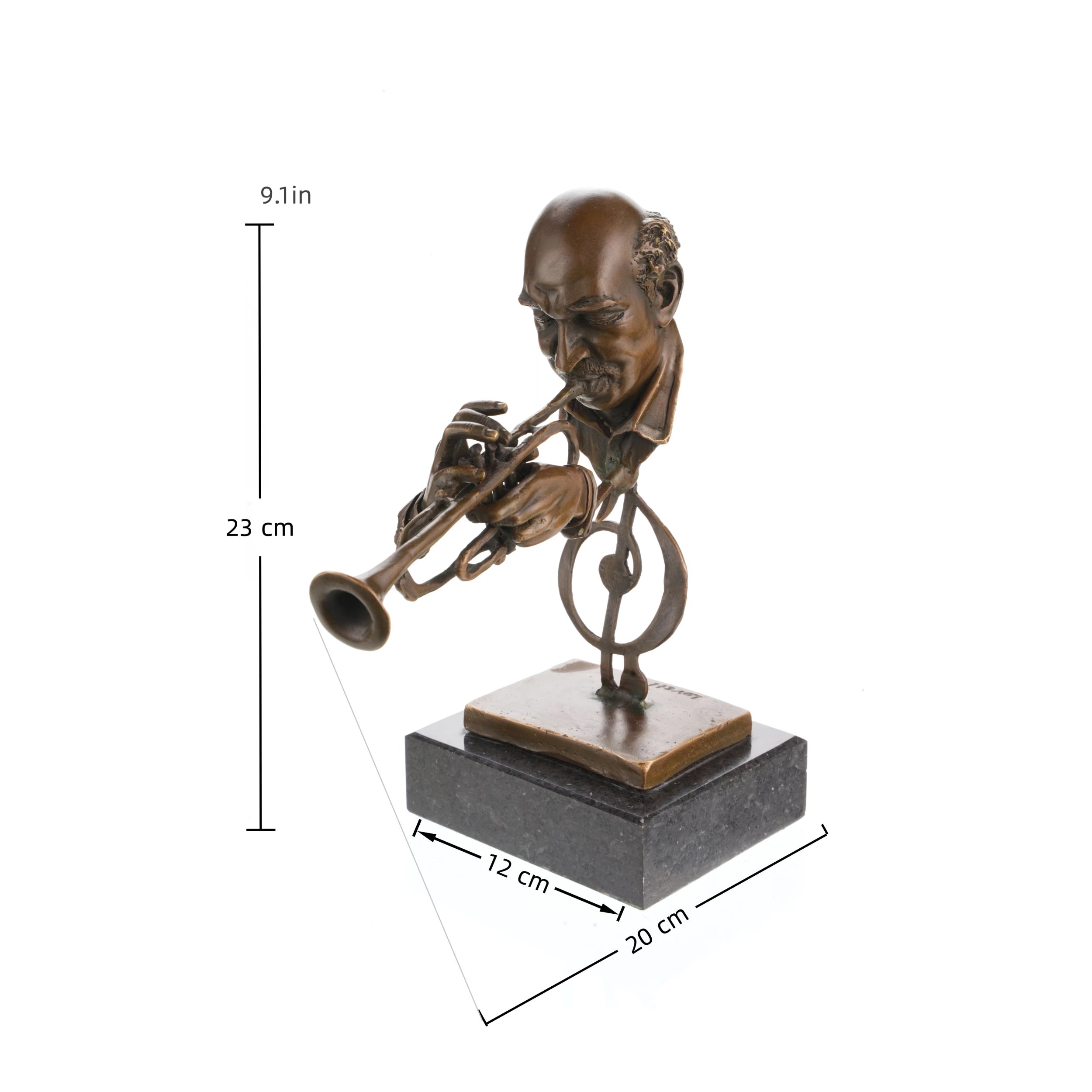 Close-up detail of a handcrafted bronze trumpet player sculpture showing the trumpet, expressive portrait, and hand-finished bronze patina.