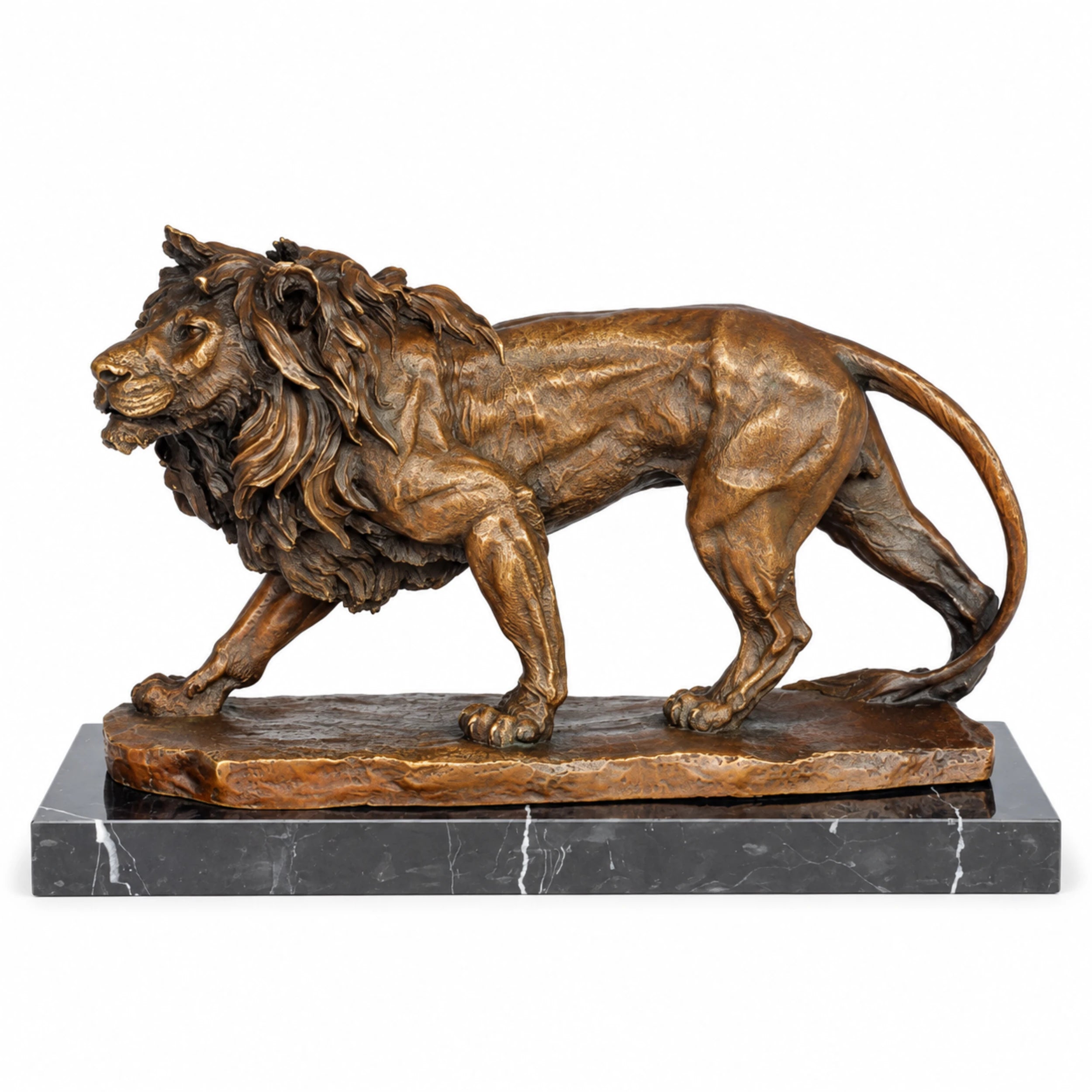 Handcrafted bronze walking lion sculpture with flowing mane and powerful striding pose