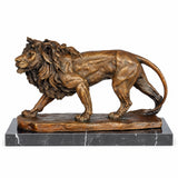 Handcrafted bronze walking lion sculpture with flowing mane and powerful striding pose