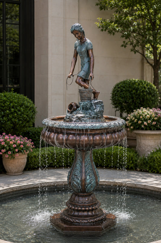Classical bronze water carrier girl fountain statue with bucket and decorative garden basin