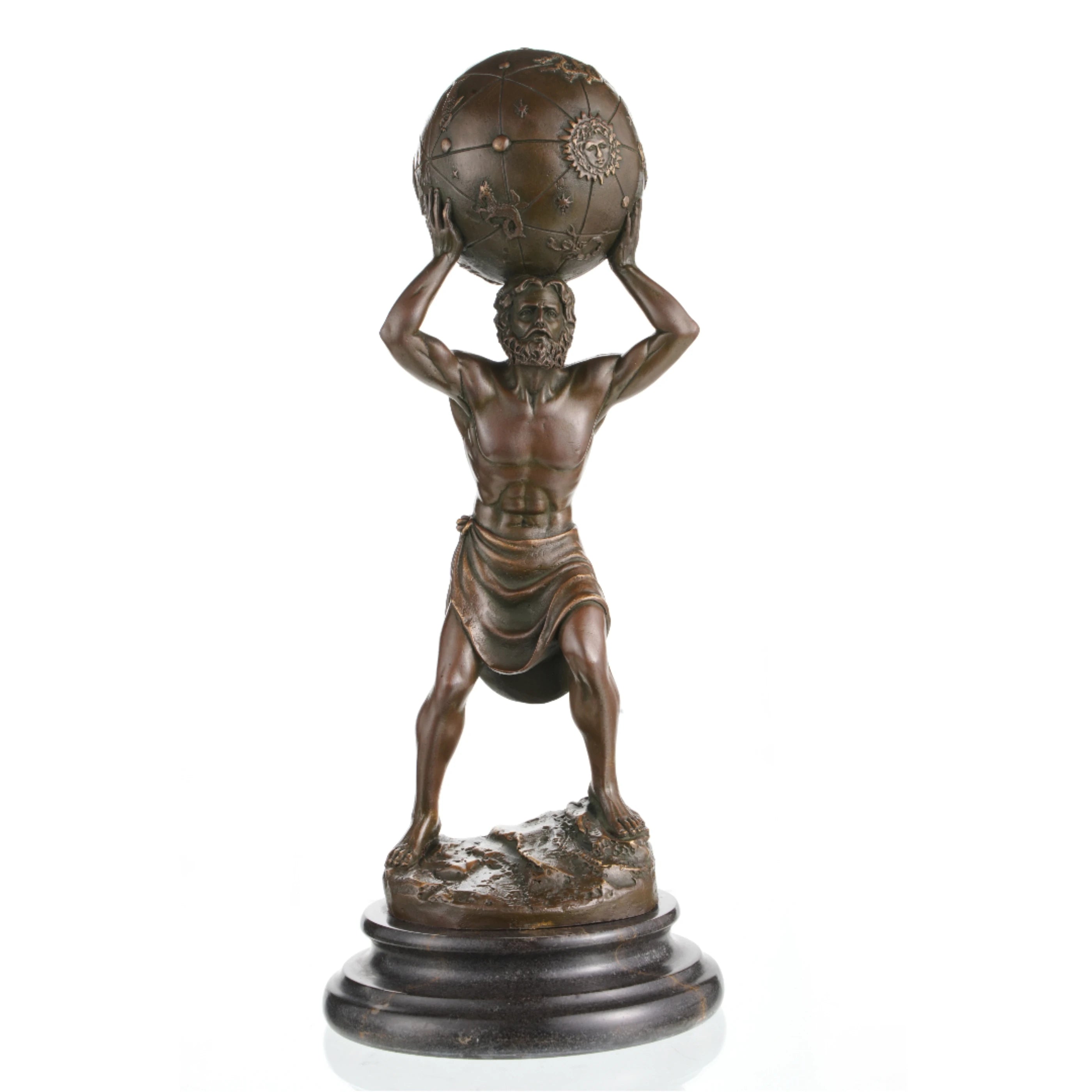 Powerful bronze Atlas sculpture holding celestial sphere with star charts, Greek Titan god statue on tiered circular dark marble base, loss wax casting mythological art.