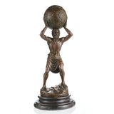 Powerful bronze Atlas sculpture holding celestial sphere with star charts, Greek Titan god statue on tiered circular dark marble base, loss wax casting mythological art.