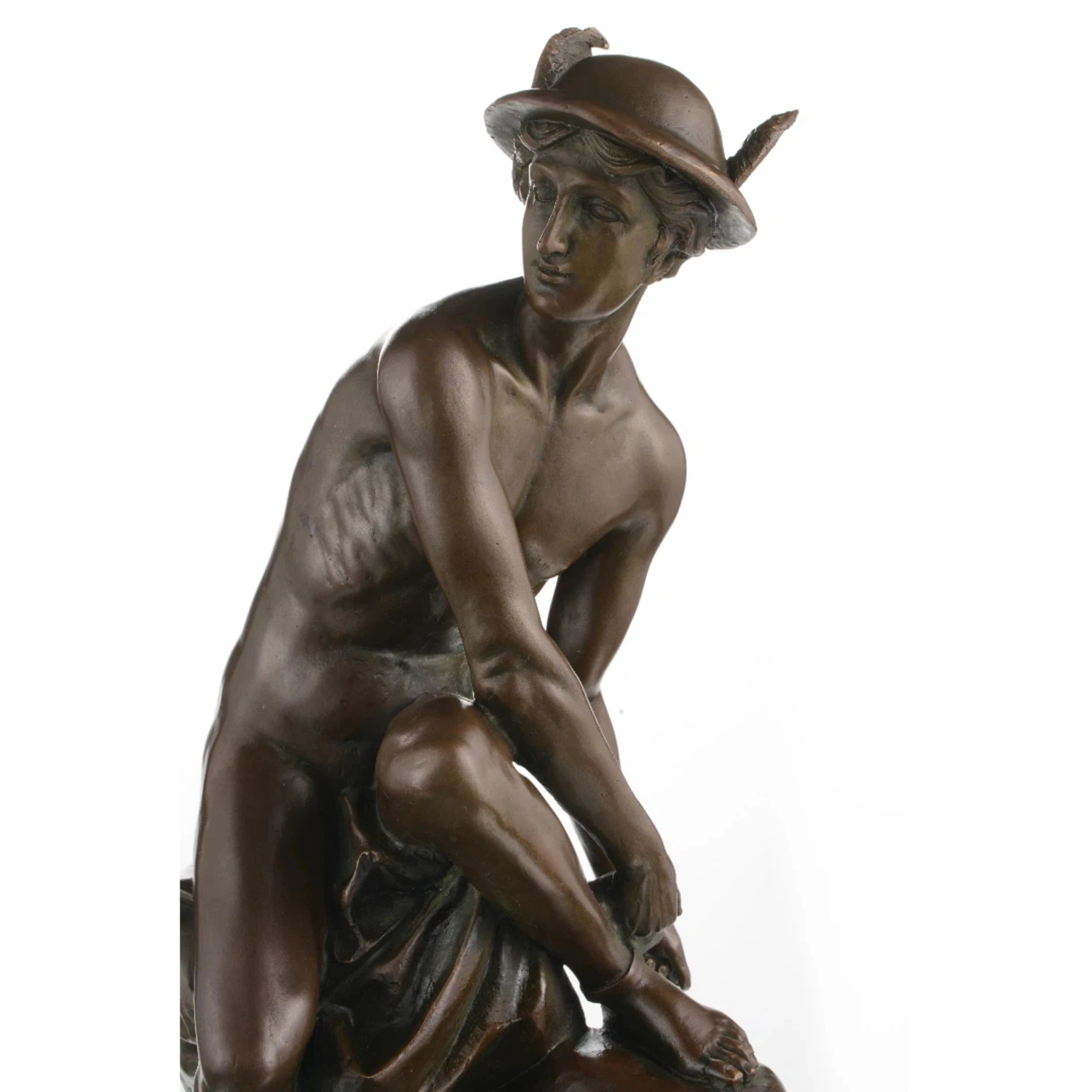 Classical bronze Hermes Mercury sculpture with winged hat, dynamic athletic god statue on round black marble base, loss wax casting mythological art.