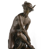 Classical bronze Hermes Mercury sculpture with winged hat, dynamic athletic god statue on round black marble base, loss wax casting mythological art.