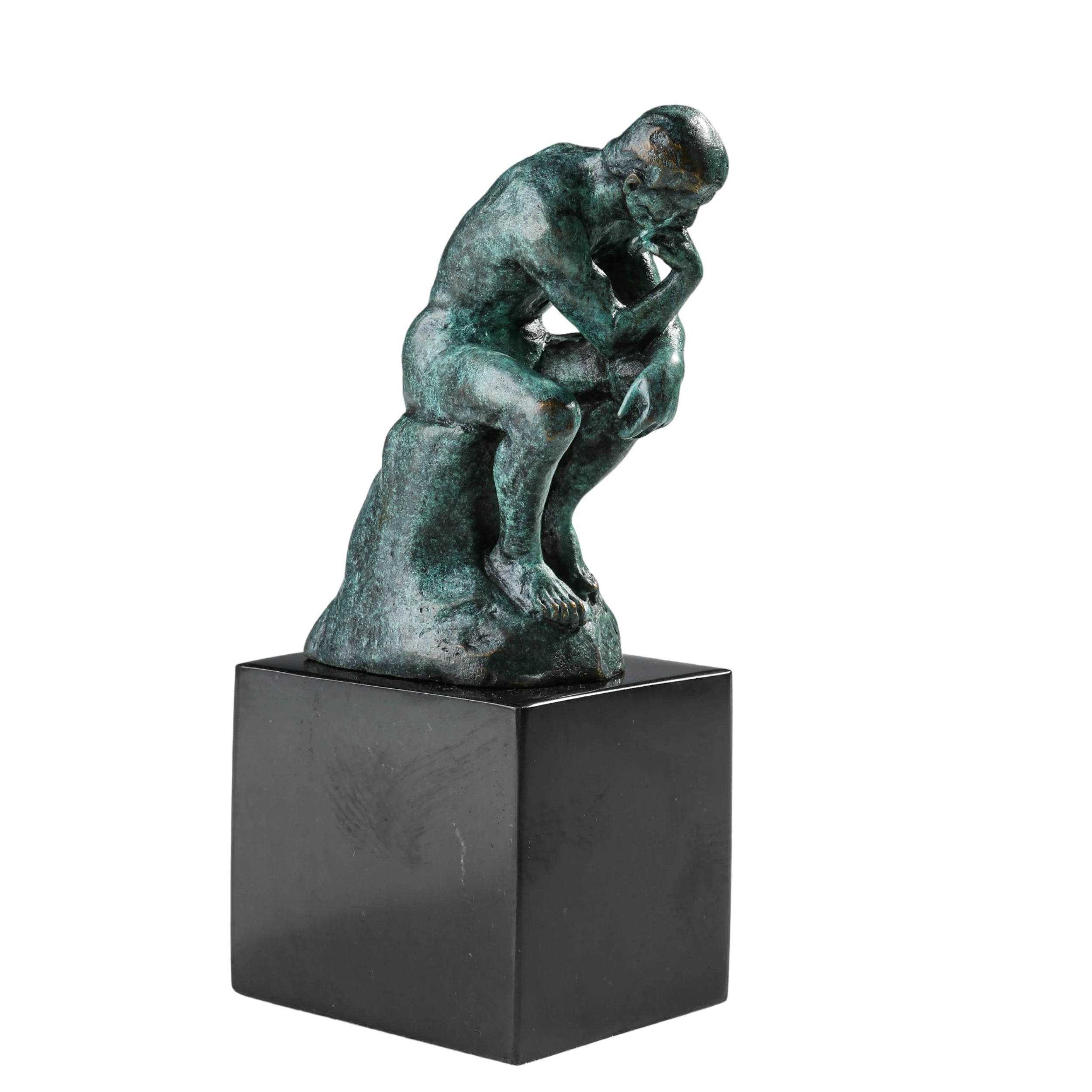 Handcrafted bronze Thinker sculpture inspired by Rodin. Cast using the traditional lost-wax method with a verdigris patina and marble base. Ideal for offices, libraries, and art collectors.