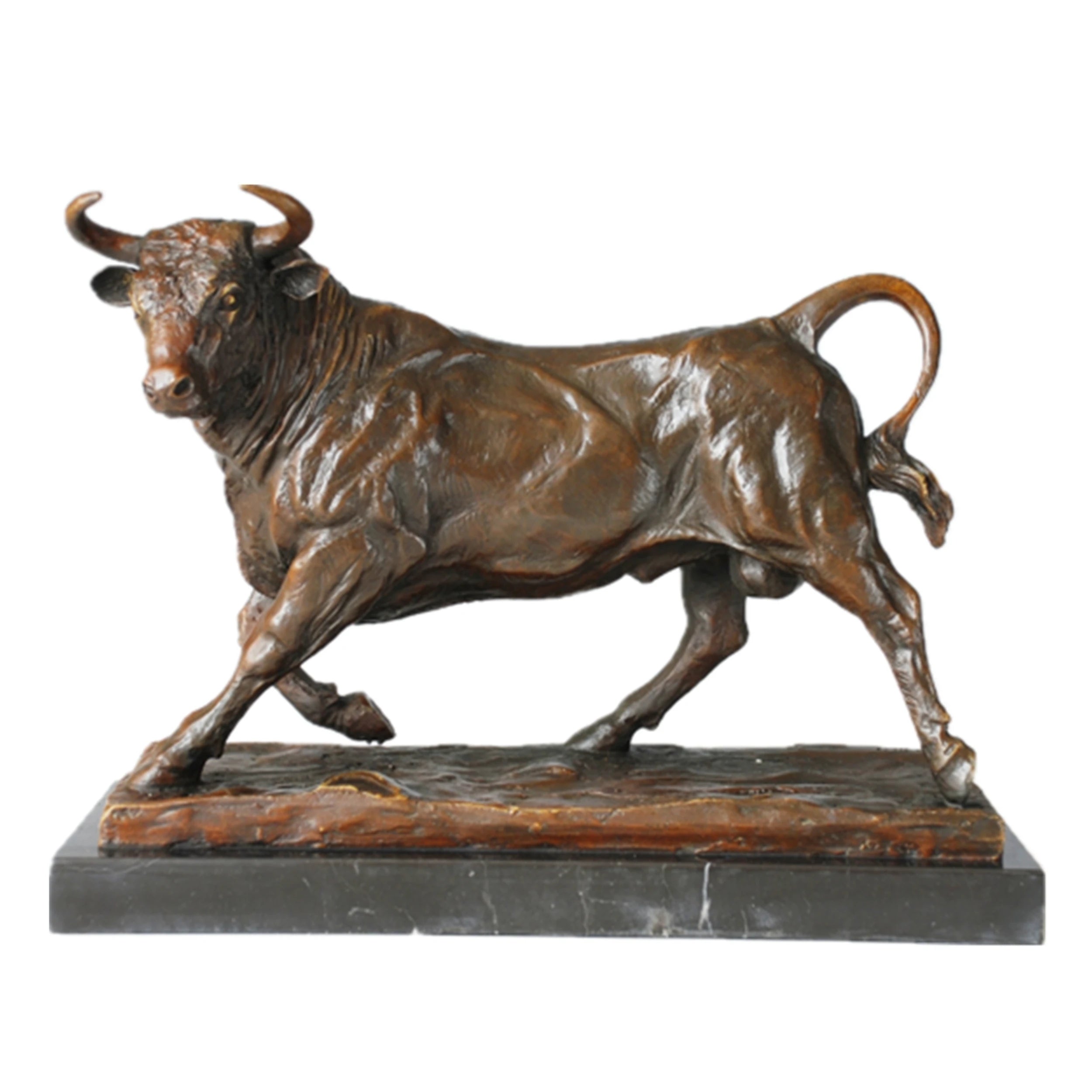 Charging bull bronze sculpture crafted using lost-wax casting. A powerful symbol of strength, determination, and bull market success for office or home decor.