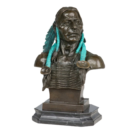Detailed bronze bust sculpture portraying a Native American chief with dignified expression and traditional regalia. A refined heritage-inspired art piece.