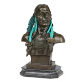 Detailed bronze bust sculpture portraying a Native American chief with dignified expression and traditional regalia. A refined heritage-inspired art piece.