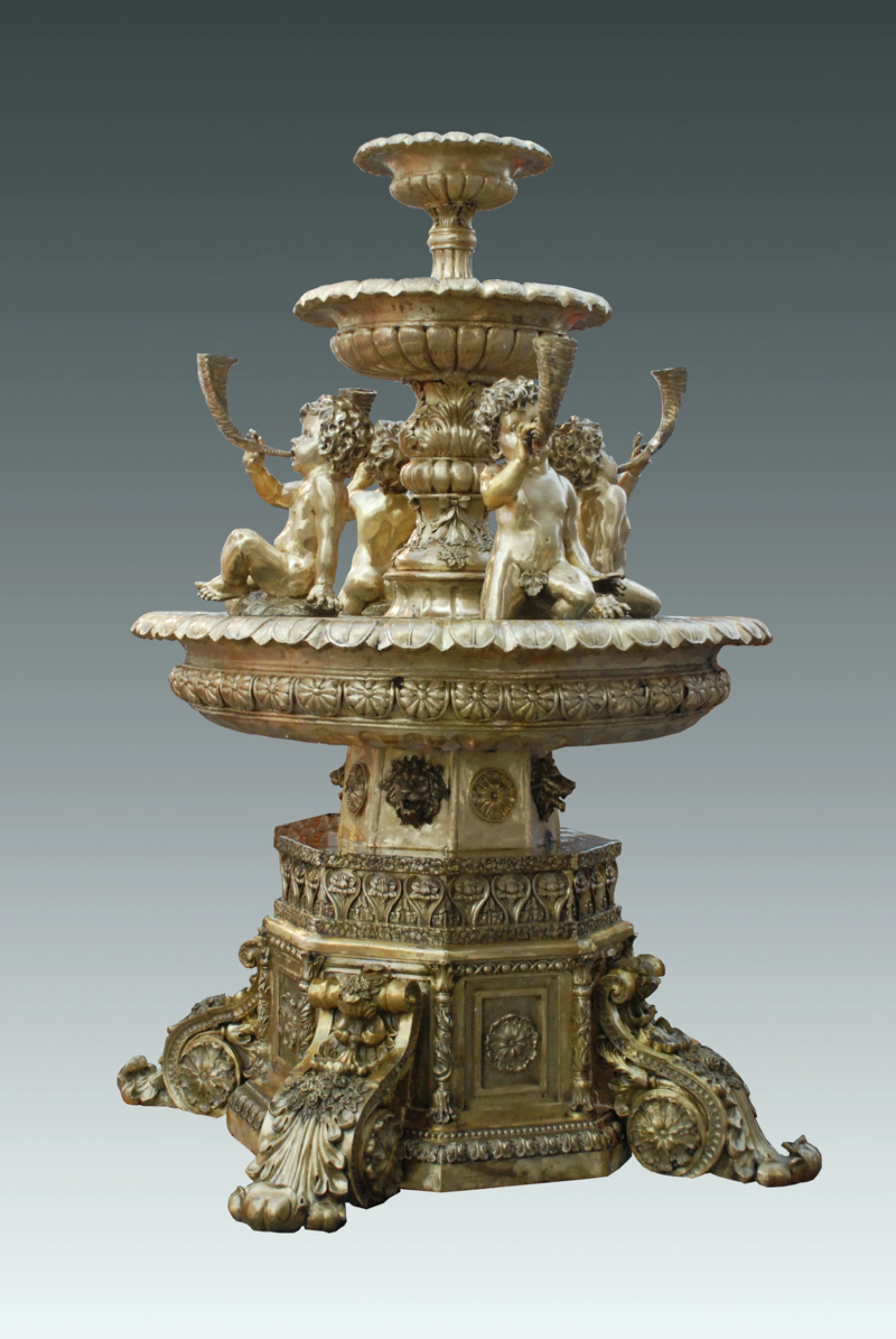 Handcrafted bronze cherub garden fountain featuring four angel figures