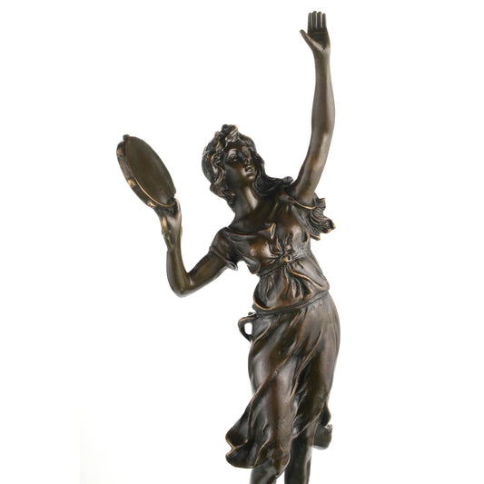 Solid bronze dancing muse sculpture with tambourine on black marble base, dynamic classical female dancer art for luxury home decor.