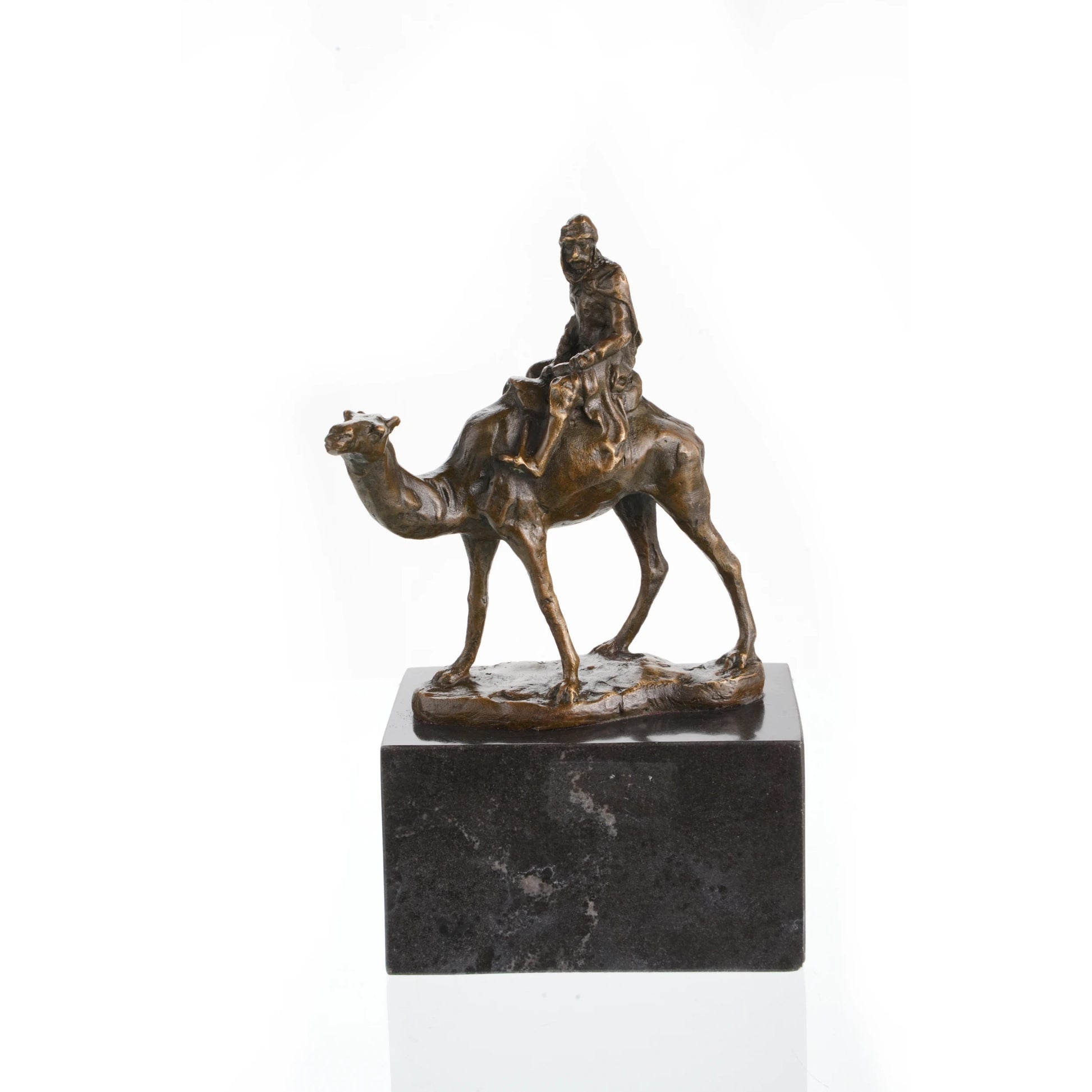 Solid bronze Bedouin desert traveler on camel sculpture, Orientalist art on dark marble base, rugged office decor for travelers.