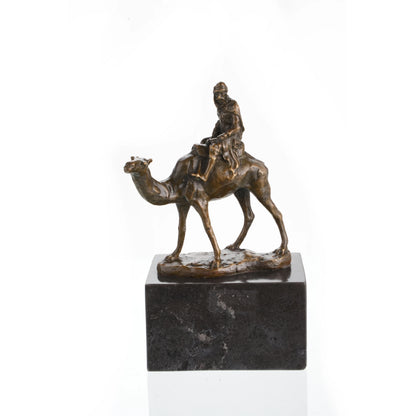 Solid bronze Bedouin desert traveler on camel sculpture, Orientalist art on dark marble base, rugged office decor for travelers.