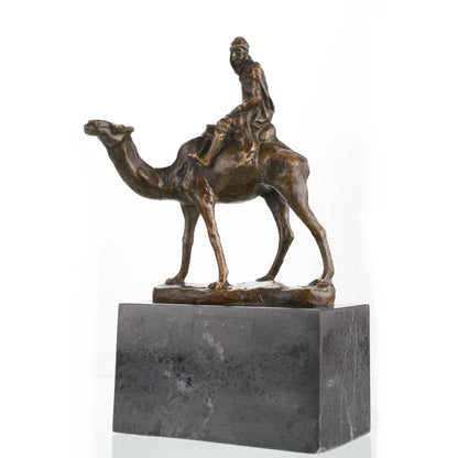 Solid bronze Bedouin desert traveler on camel sculpture, Orientalist art on dark marble base, rugged office decor for travelers.