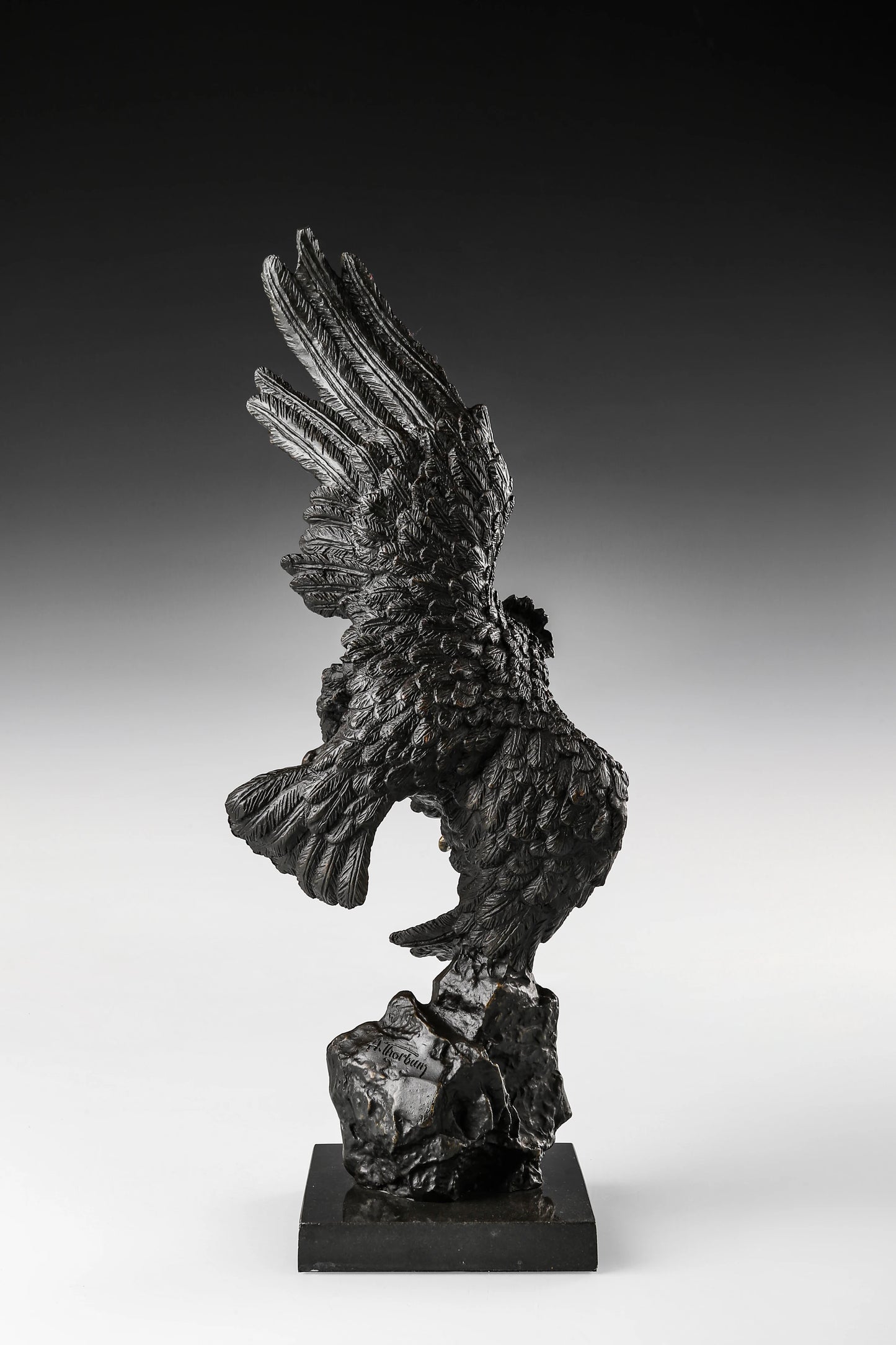 Dynamic bald eagle bronze sculpture in a powerful diving pose with marble base. A striking wildlife statue symbolizing strength, freedom, and leadership.