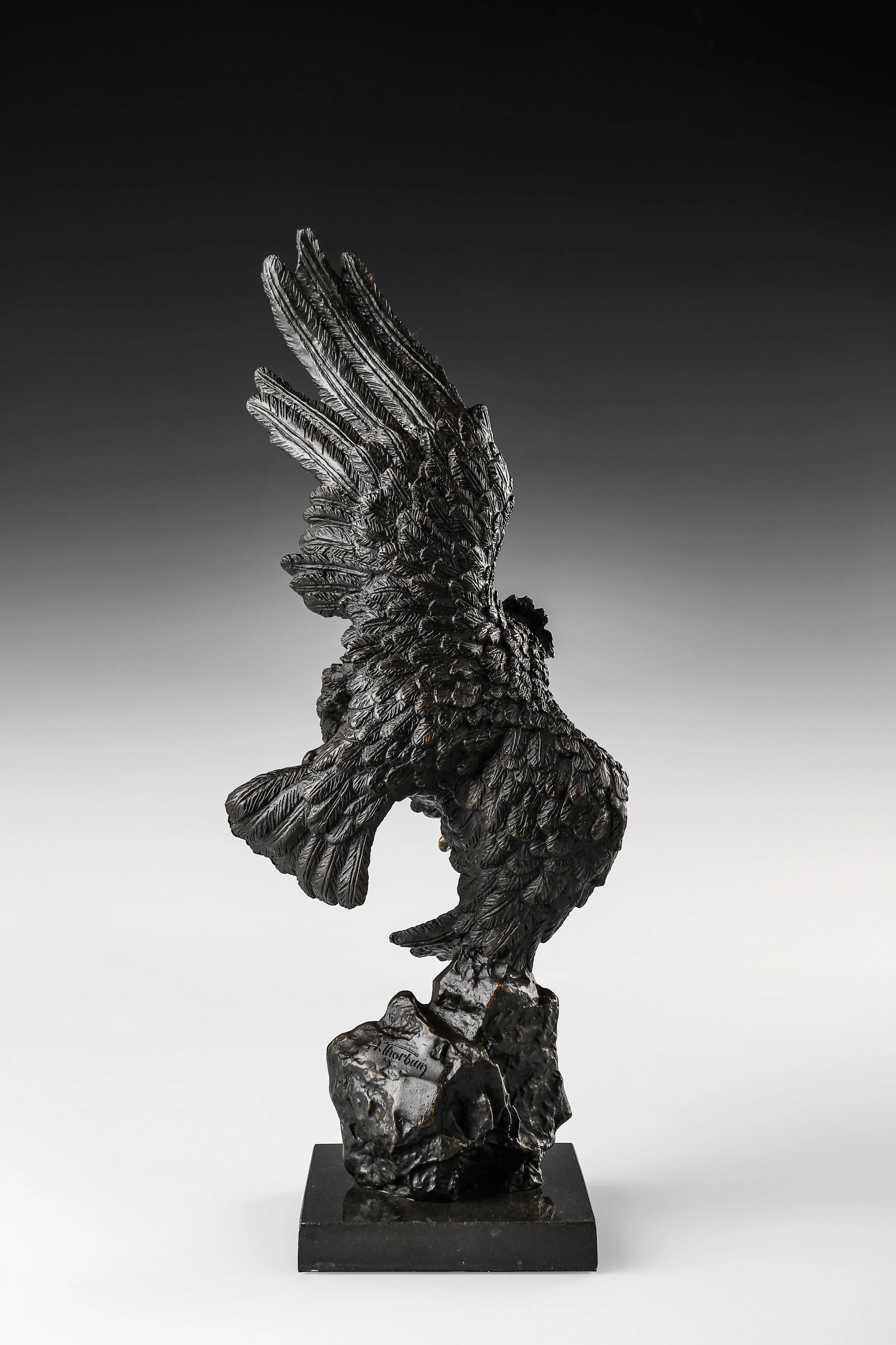 Dynamic bald eagle bronze sculpture in a powerful diving pose with marble base. A striking wildlife statue symbolizing strength, freedom, and leadership.