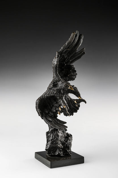 Dynamic bald eagle bronze sculpture in a powerful diving pose with marble base. A striking wildlife statue symbolizing strength, freedom, and leadership.