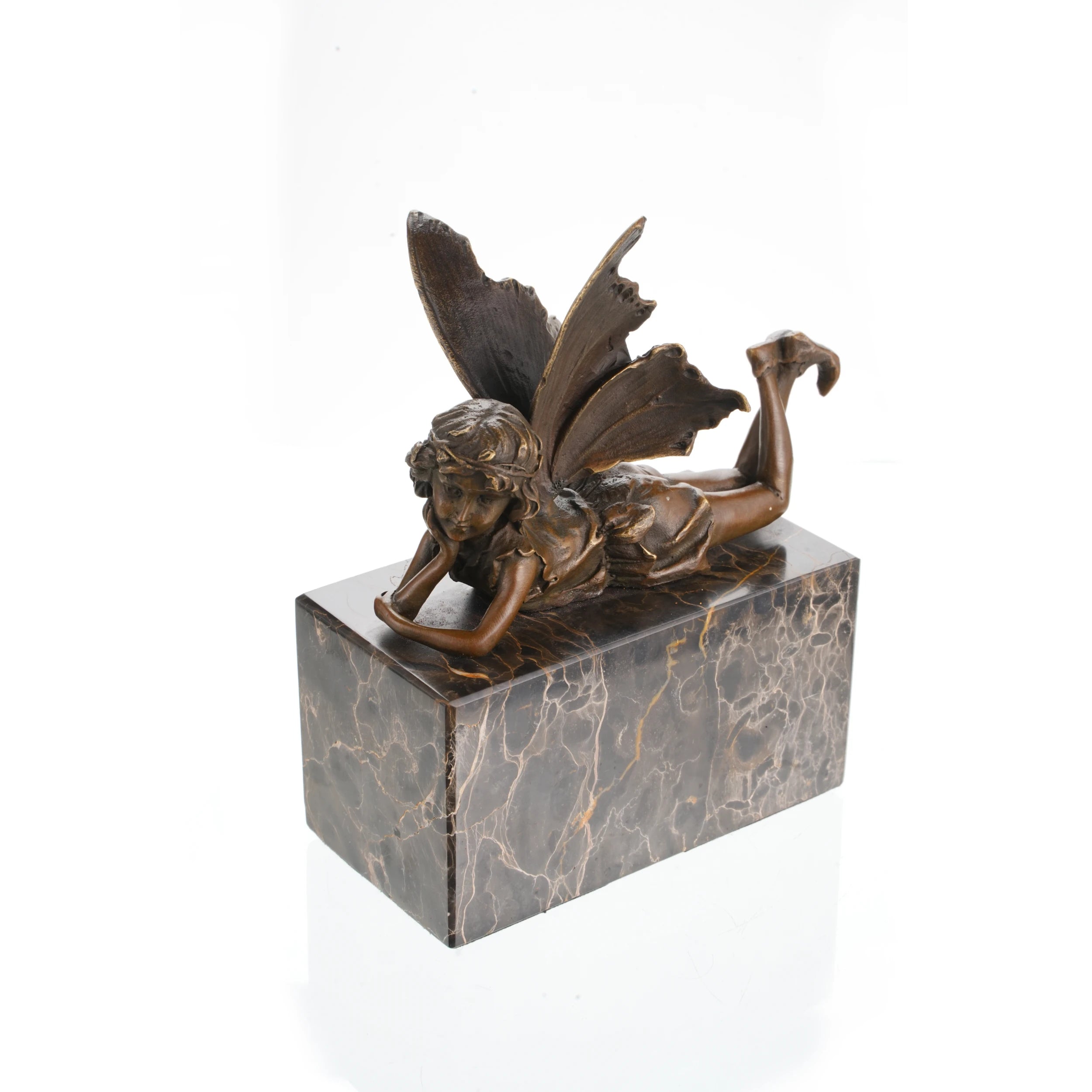 Whimsical bronze reclining fairy sculpture with butterfly wings on gold-veined marble base, magical fantasy art for bedroom decor.