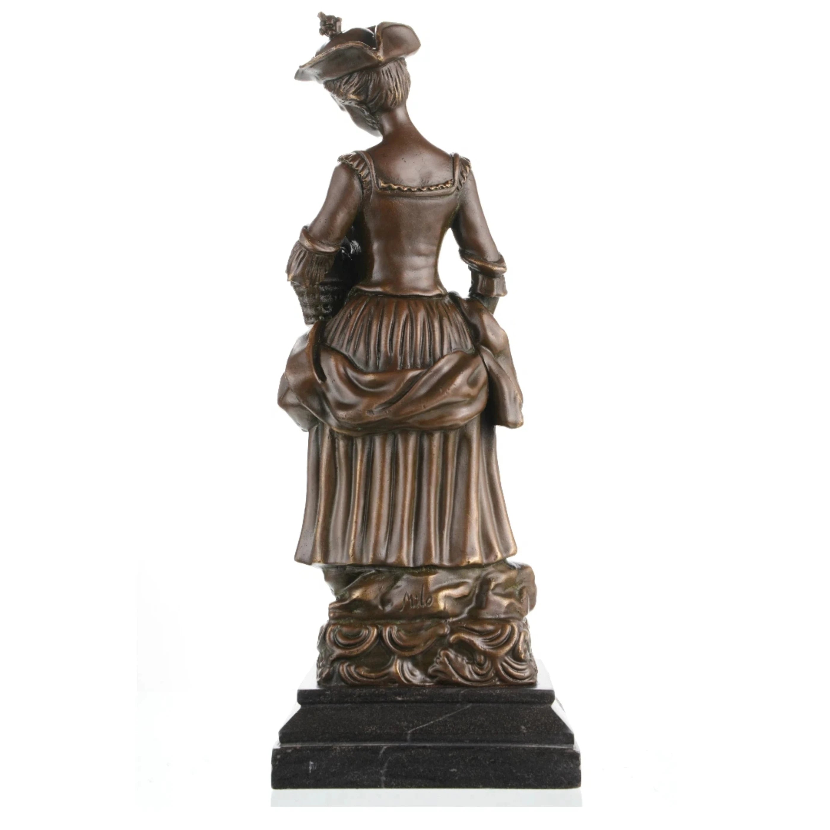 Elegant 18th century style bronze flower girl statue with tricorn hat and floral basket, Rococo maiden sculpture on stepped black marble base, loss wax casting fine art.