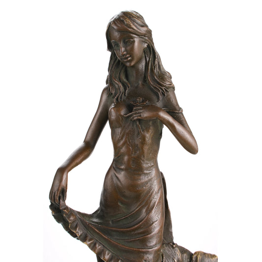 Floral maiden bronze sculpture girl holding flower nature inspired statue