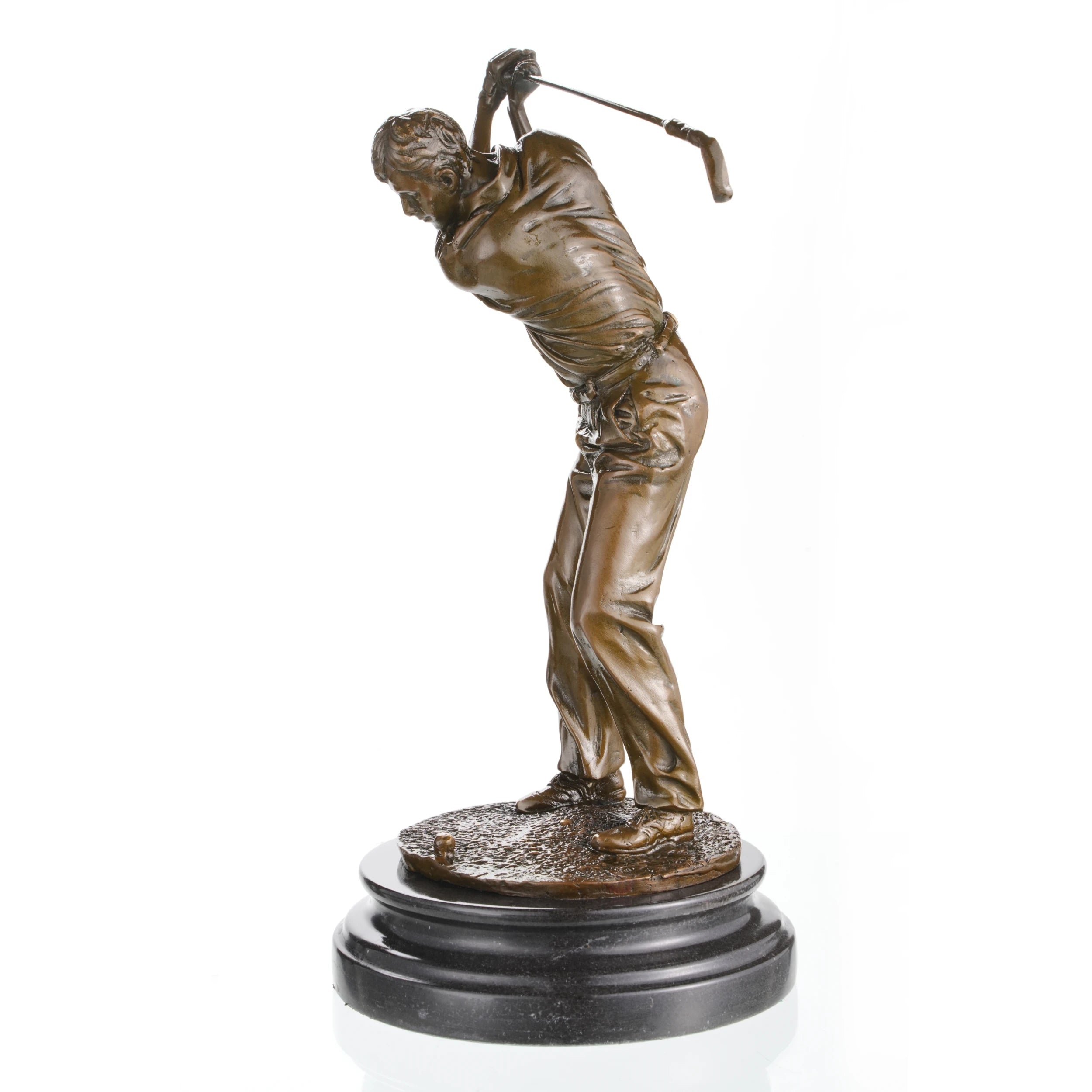 Realistic bronze male golfer mid-swing sculpture, luxury golf trophy on black marble base, professional sports office decor.