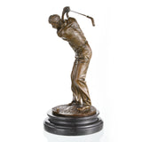Realistic bronze male golfer mid-swing sculpture, luxury golf trophy on black marble base, professional sports office decor.