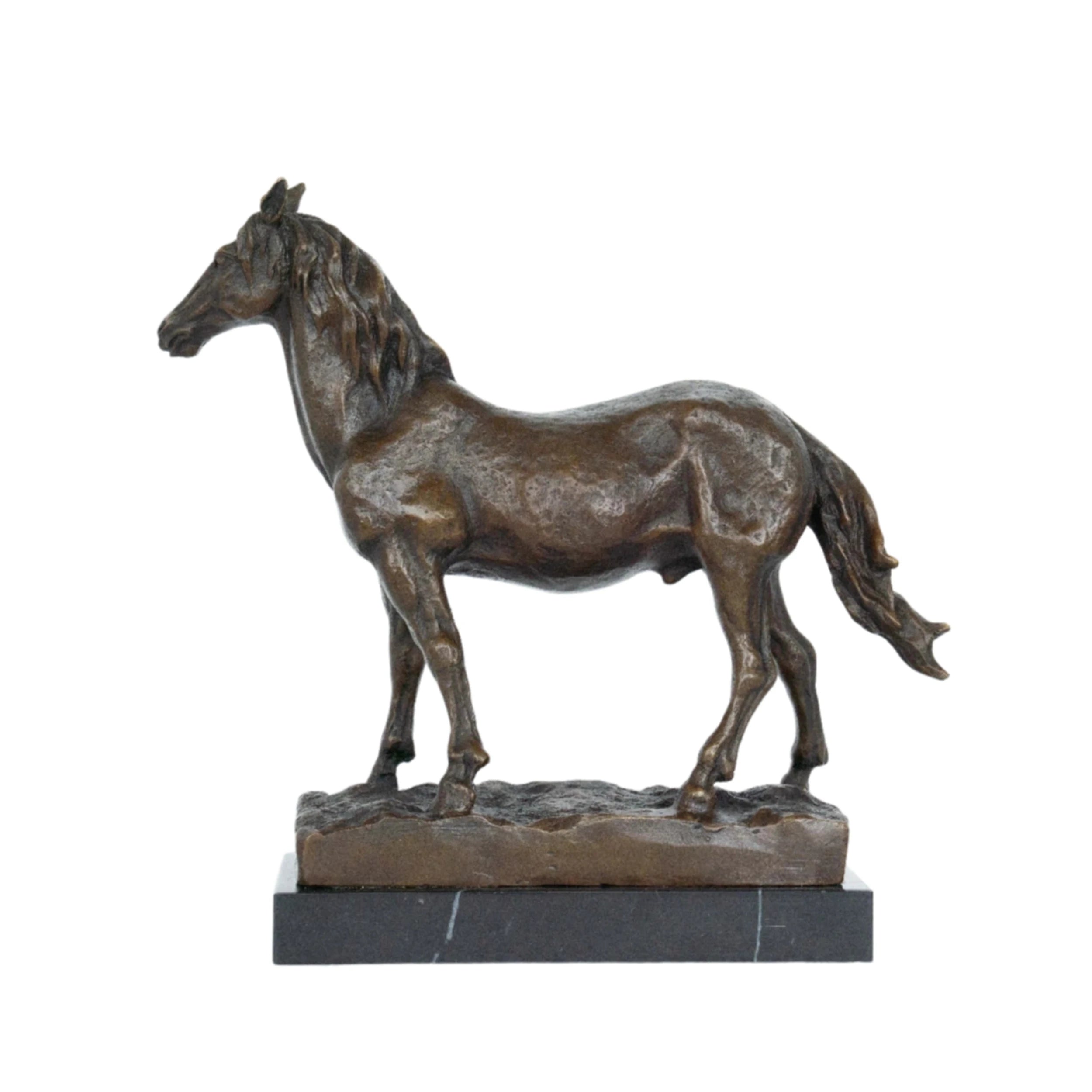 Realistic standing horse bronze sculpture with detailed mane on marble base