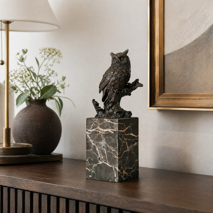 Handcrafted realistic bronze owl statue perched on a tree stump with marble base. A timeless symbol of wisdom, perfect for home, library, or office decor.