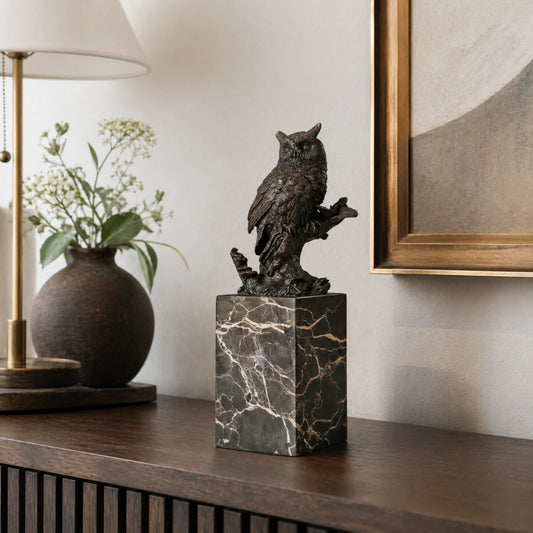 Handcrafted realistic bronze owl statue perched on a tree stump with marble base. A timeless symbol of wisdom, perfect for home, library, or office decor.