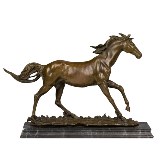 Dynamic galloping bronze horse sculpture with flowing mane and tail, realistic running horse statue on veined black marble base, loss wax casting fine art.
