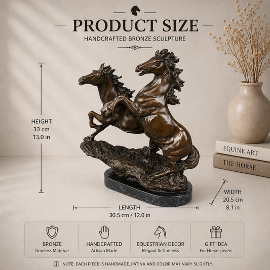 Handcrafted bronze sculpture of two rearing horses with lifelike detail. A dynamic piece symbolizing unity and ambition, perfect for home and office decor.